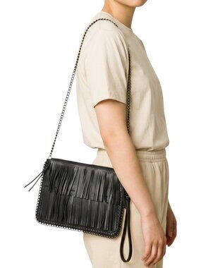 Expressions NYC Fringe Slim Crossbody Clutch Combo Black Chain Strap 11"x 8"x 1"